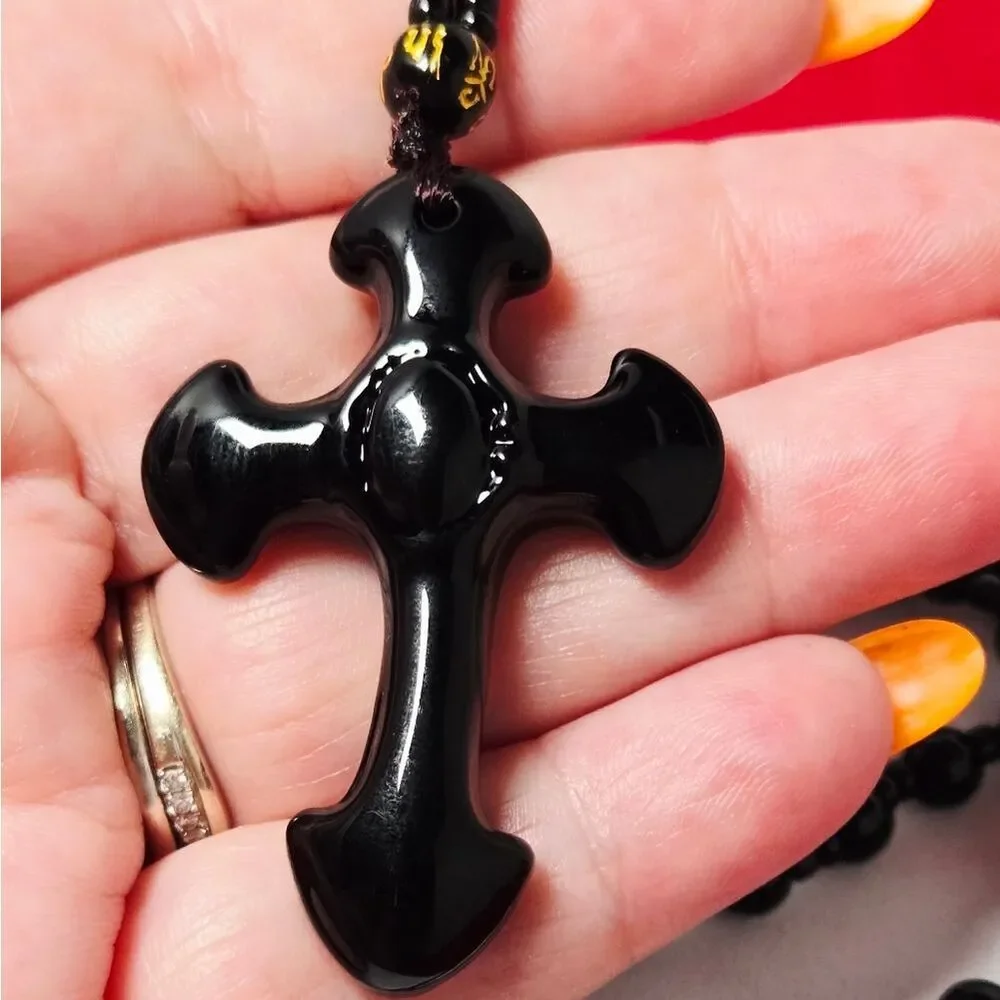 Black Obsidian Cross Beaded Necklace Streetwear Faith Pendant Jewelry Unisex 25